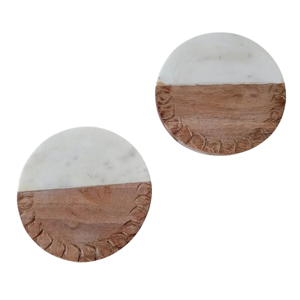 Handmade Marble and Wood Round Coaster Set of 2 Acacia Wood White Marble